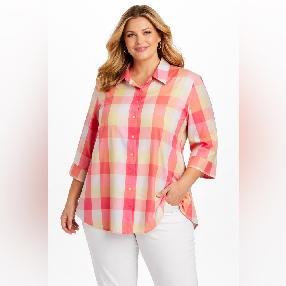 Foxcroft Wrinkle-Free Plaid Button
Down Blouse Sz 18W Bright Pink Orange
Yellow